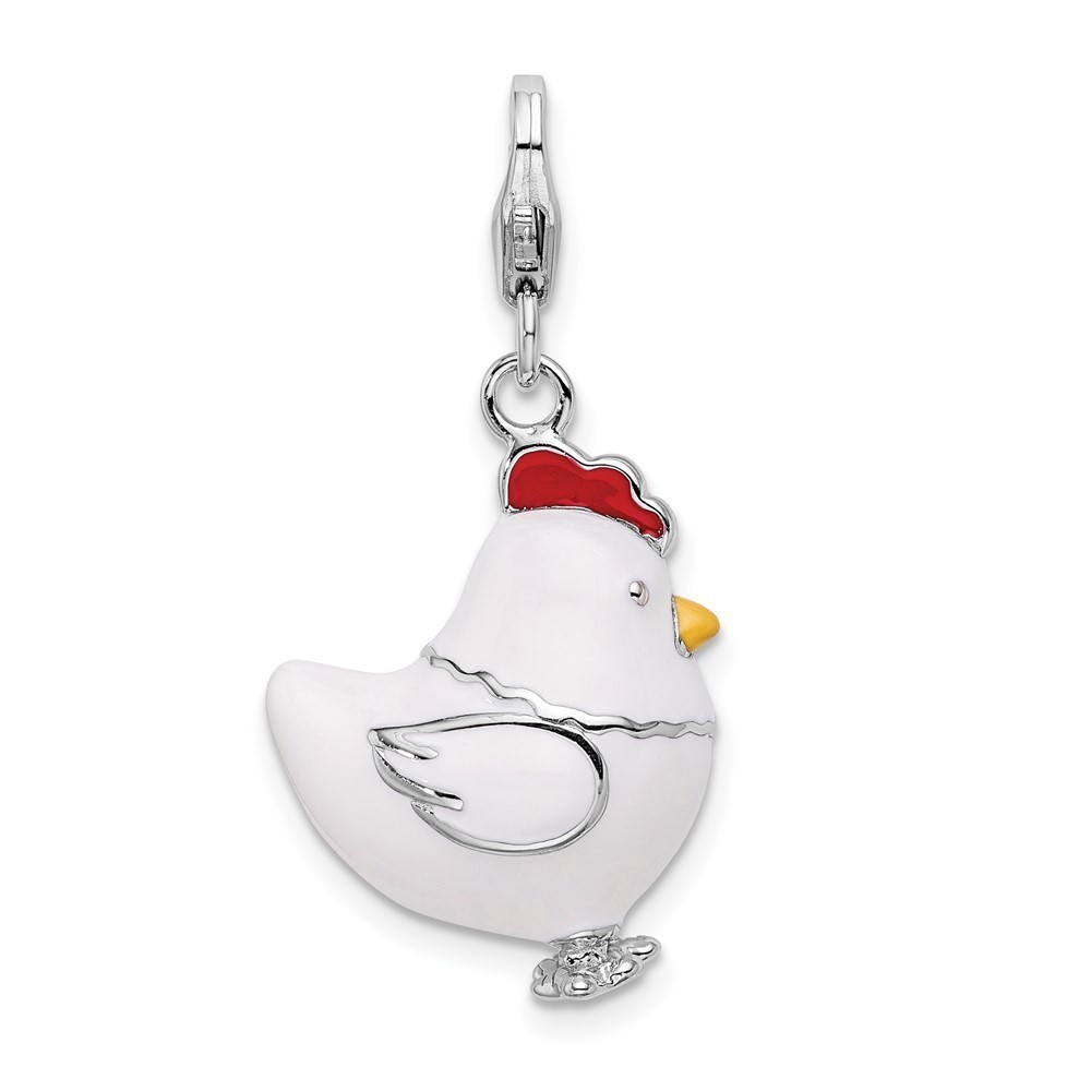 925 Sterling Silver Polished 3-D Enameled Chicken Bracelet Charm Lobster Clasp